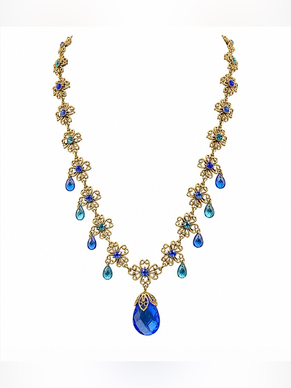 Avon Collier Briolette Multicolore Blue Rhinestone Scroll Gold Necklace Vintage - Picture 9 of 10